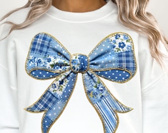 Patchwork PNG, Laço Coquette Preppy, Gráfico de Bordado Falso de Primavera, Download Digital