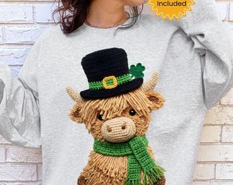 Highland Cow namaakgaren PNG, St. Patrick's Day-ontwerp, gehaakte haaknaald digitale download