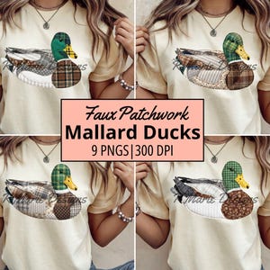 Peut inclure: Un t-shirt jaune clair avec un motif de canard colvert en patchwork. Le canard a une tête verte, un bec jaune et un corps composé de différents motifs de tissu. L'image comprend le texte "Faux Patchwork Mallard Ducks" et "9 PNGS | 300 DPI".
