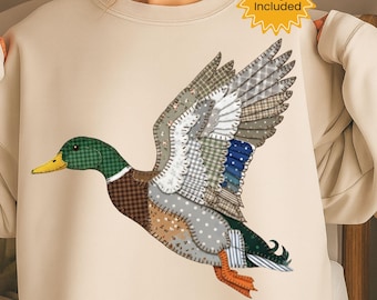 Patchwork Flying Mallard Duck PNG, Bird Hunting Graphic, Outdoors Nature Digital Download