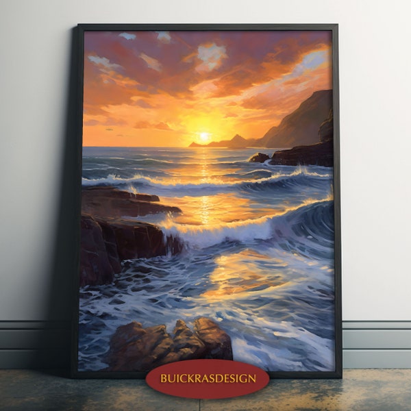 Sunset Surf 1 Poster DIGITAL Download Large Print Abstract Acrylic painting Crashing Waves into Shore with Sea Foam, Coastal Art of Cornwall