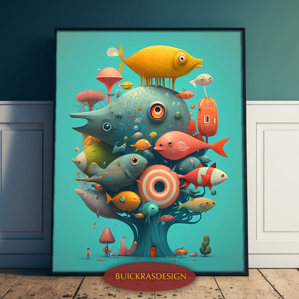 Fish Tree Surreal ART PRINT Museum-Quality Matte Paper Poster, Community of Whimsical Fun Sea Characters, Strange Jolly Odd Cute Colourful