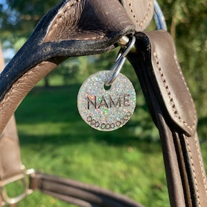 Silver Glitter tag with name and number with black text