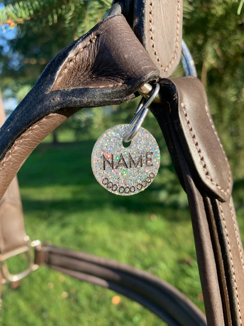 Silver Glitter tag with name and number with black text