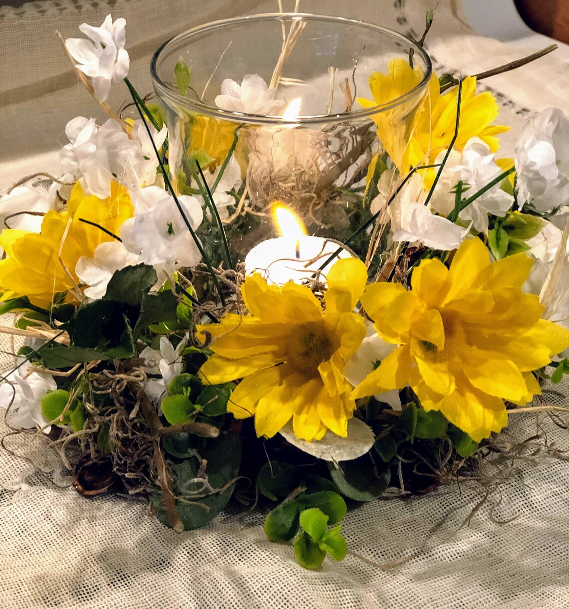 Small Table Centerpiece Floral and Candle Centerpiece Yellow Etsy