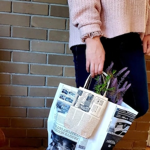 Upcycled Eco-friendly newspaper bags - Coffee News & white