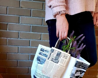 Upcycled Eco-friendly newspaper bags - Coffee News & white
