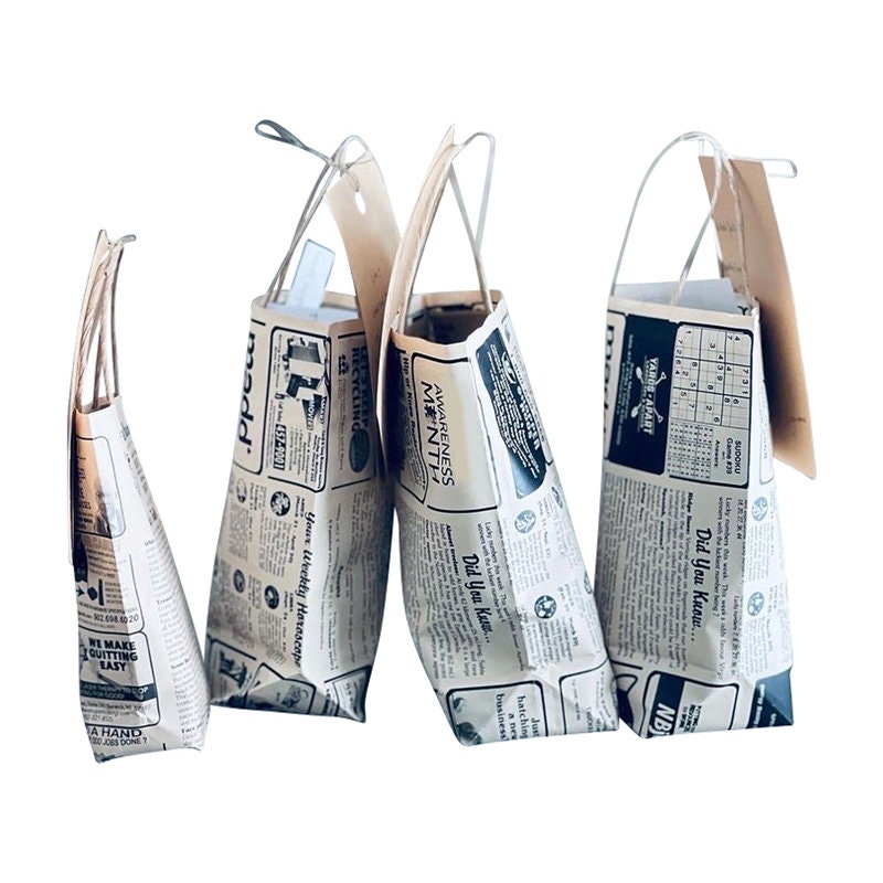 25 Newsprint Paper Bags With Handle Upcycled Retro Unique 