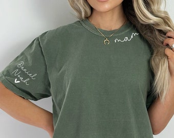 Comfort Colors, Custom Mama Shirt with Kid Name, Personalized Mom Shirt with Kids Names on Sleeve, Mother&#39;s Day Gift, New Mom Gift Shirt
