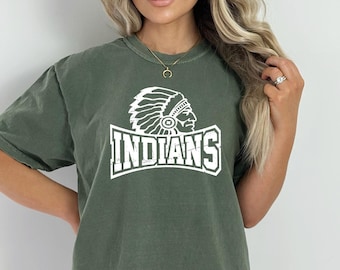 Comfort Colors, Maglietta della mascotte della squadra, Maglietta della squadra degli Indians, Maglietta dello spirito di squadra degli Indians, Maglietta per i tifosi degli Indians, Maglietta scolastica degli Indians, Maglietta degli Indians