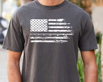 Komfortfarben, Fischen-Hemd, Fischen mit amerikanischer Flaggen-Hemd, amerikanische Flaggen-Fischen-Hemd, Fischer-Geschenk, Fischen-Liebhaber-Hemd, Fischer