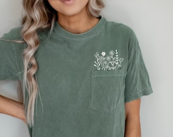 Comfort Colors T-shirt met wilde bloemenzak, overhemd met botanische bloemen