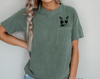 Comfort Colors Black Cat Pocket T-Shirt, Funny Cat Lover Gift