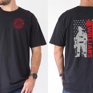Comfort Colors, Custom Last Name Firefighter Shirt, Thin Red Line Vertical Flag Shirt, Personalized Firefighter Shirt, Custom Fireman Gift