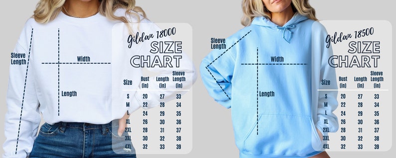 May include: Size chart for Gildan 18000 and Gildan 18500 sweatshirts. The chart shows measurements in inches for bust, length, and sleeve length for sizes S through 4XL.