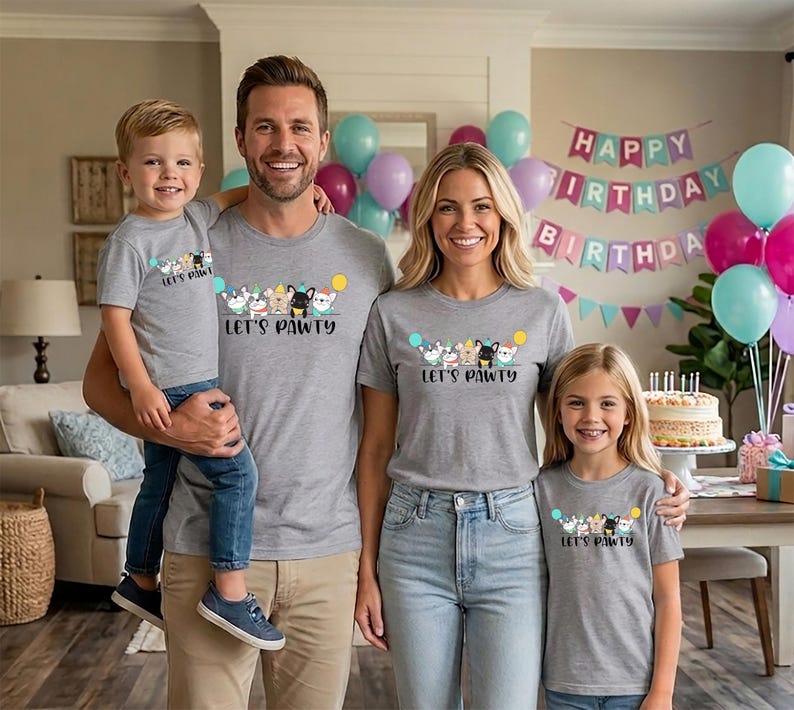 Pode incluir: Uma fam&iacute;lia de quatro pessoas usando camisetas cinza combinando com um design "Let's Pawty" com cachorros de desenho animado e bal&otilde;es. O fundo inclui bal&otilde;es e uma faixa de anivers&aacute;rio.