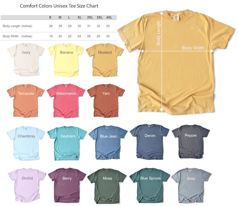 May include: A size chart for unisex t-shirts in various colors, including ivory, banana, mustard, terracotta, watermelon, yam, chambray, seafoam, blue jean, denim, pepper, orchid, berry, moss, blue spruce, and grey. The chart shows the body length and width in inches for sizes S through 4XL.