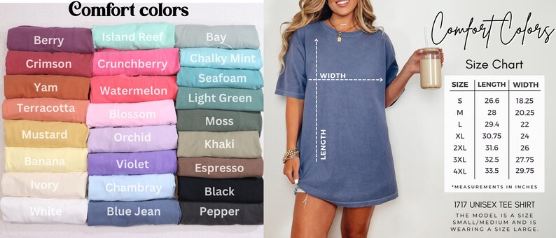 May include: A size chart for a unisex t-shirt with measurements in inches. The chart shows the length and width of the shirt in sizes small through 4XL. The chart is labeled "Comfort Colors" and includes the text "1717 Unisex Tee Shirt".