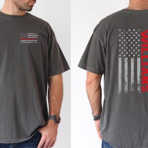Comfort Colors, Custom Last Name Firefighter Shirt, Thin Red Line Vertical Flag Shirt, Personalized Firefighter Shirt, Custom Fireman Gift