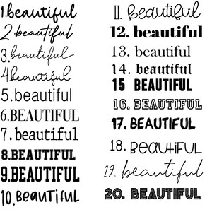 May include: A black and white image with the word "beautiful" written in different styles and fonts. The word is numbered from 1 to 20.