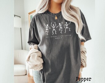 Camiseta de esqueleto bailando con colores cómodos, camiseta cristiana de Halloween