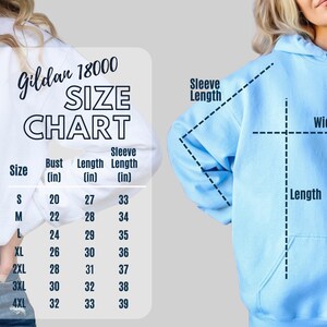 May include: Size chart for Gildan 18000 and Gildan 18500 sweatshirts. The chart shows measurements in inches for bust, length, and sleeve length for sizes S to 3XL.