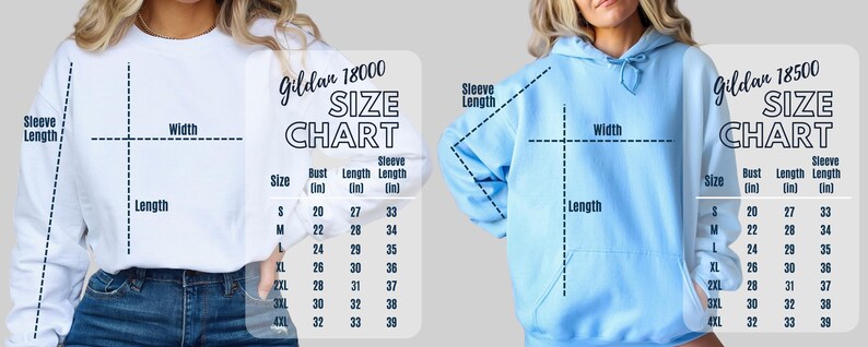 May include: Size chart for Gildan 18000 and Gildan 18500 sweatshirts. The chart shows measurements in inches for bust, length, and sleeve length for sizes S to 3XL.