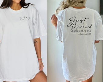 Comfort Colors Just Married-shirt, huwelijksreiscadeau