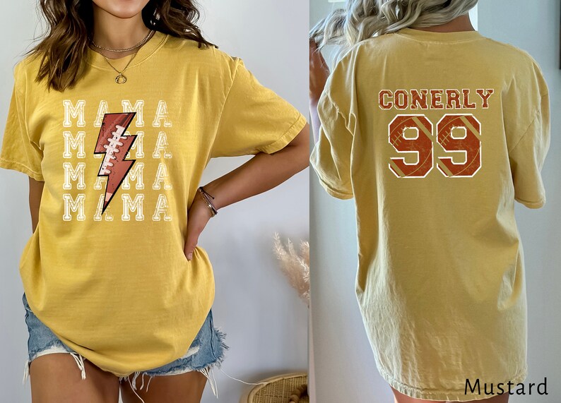 May include: A mustard yellow t-shirt with a football and lightning bolt graphic on the front and the text "CONERLY 99" on the back.