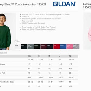 May include: Size chart for Gildan youth sweatshirts and hoodies. The chart shows measurements in inches for different sizes, including XS, S, M, L, and XL. The chart also includes a colour chart with various colours available for the sweatshirts and hoodies.