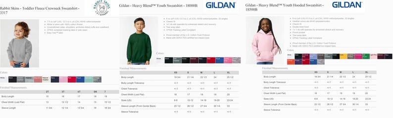 May include: Size chart for Gildan youth sweatshirts and hoodies. The chart shows measurements in inches for different sizes, including XS, S, M, L, and XL. The chart also includes a colour chart with various colours available for the sweatshirts and hoodies.