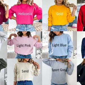 May include: Twelve different coloured sweatshirts, each with a different colour and a text label indicating the colour. The sweatshirts are all long-sleeved and have a crew neck.