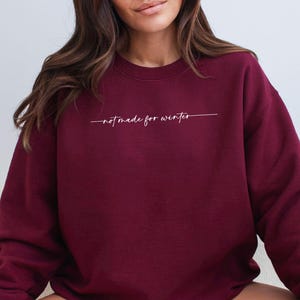 May include: Burgundy sweatshirt with the text "not made for winter" in white lettering.