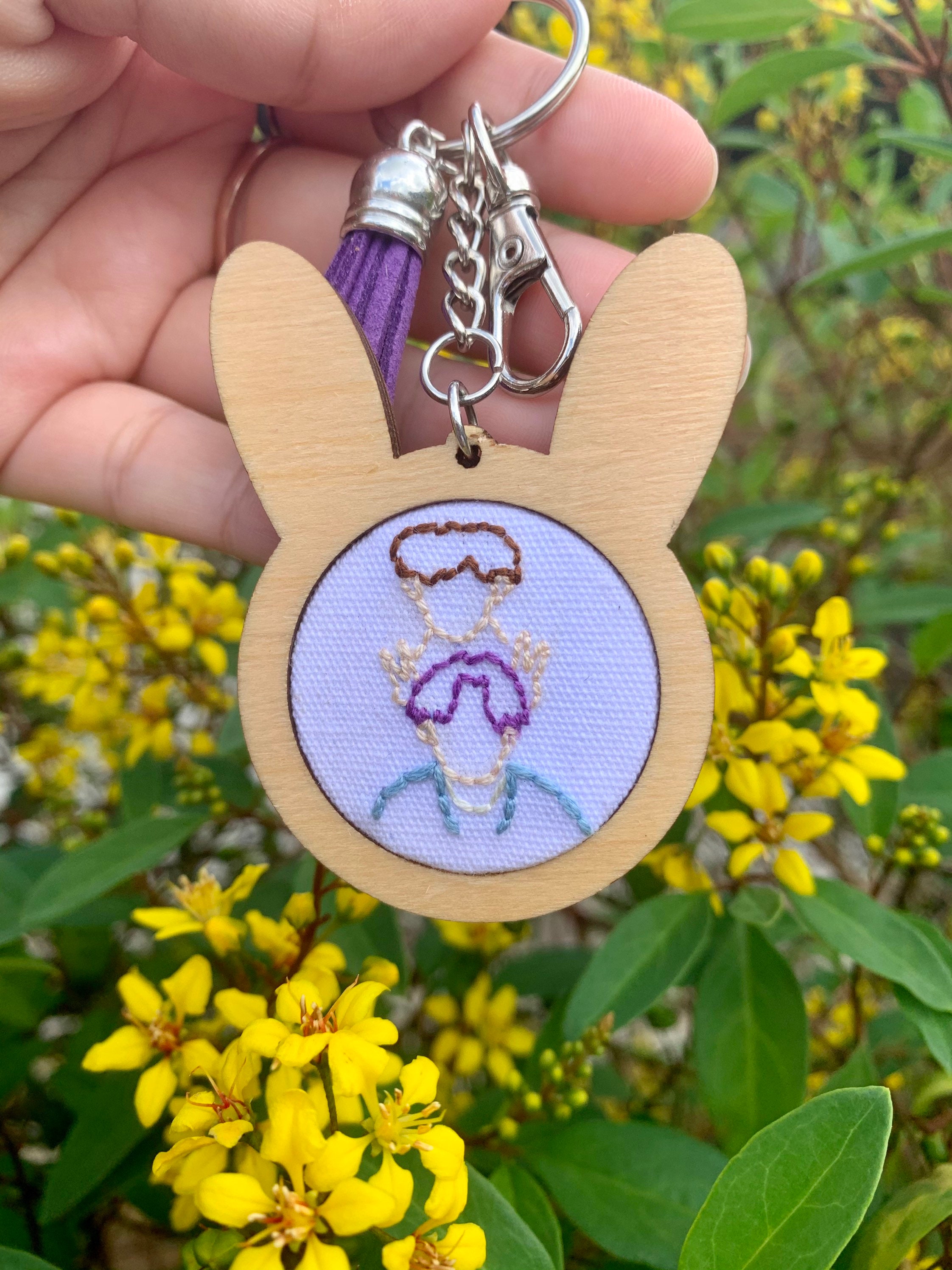 Mini hoop embroidery keychain double bunny  etsy