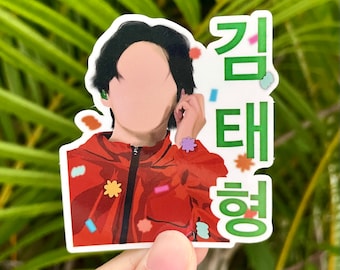 May include: A sticker featuring a cartoon illustration of a person with black hair wearing a red jacket. The sticker has a green background with the Korean text "김태형" in white.