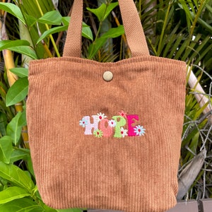 Mini sac fourre-tout en velours côtelé marron brodé de fleurs rétro Hope