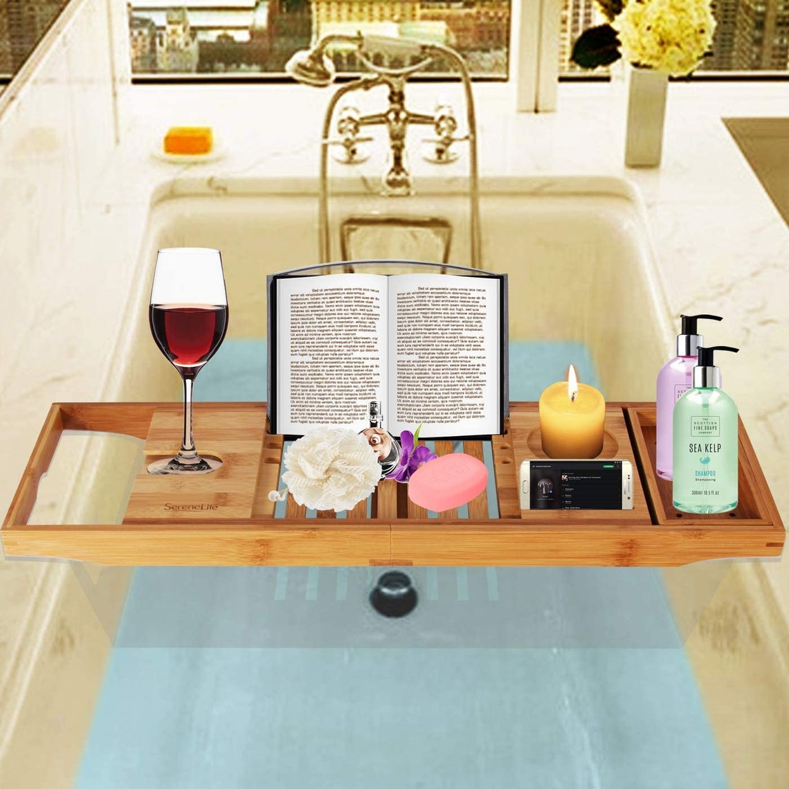 Luxury Bamboo Bathtub Caddy Tray Adjustable Natural Wood Etsy