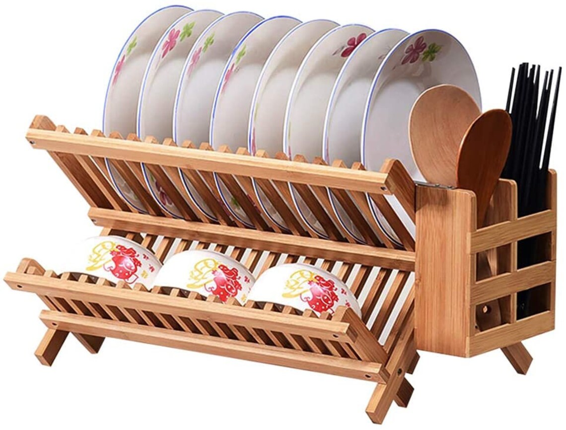 Bamboo Dish Drying Rack Bamboo Folding 2Tier Collapsible Etsy