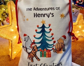 Personalised Linen Drawsting Winnie the Pooh Christmas sacks, Christmas Eve Sacks / 1st Christmas & Christmas / Children's Christmas sacks.