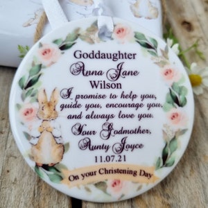 Personalised Peter/Flospy Rabbit Christening Day, Baptism Day, Blessing Day baby Ceramic Keepsake for Godson, Goddaughter.