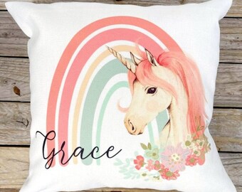 Personalised Rainbow & Unicorn Pillow/cushion. girl gift, Birthday gift Home decor, scatter pillow.