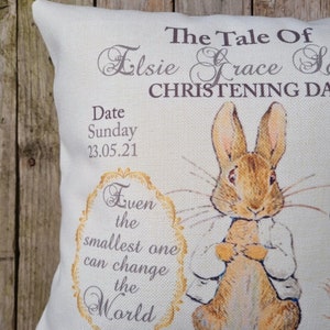 Personalised Peter Rabbit Christening Day, Baptism Day, Blessing Day Baby Cushion. Christening/ Nursery accessory/Home Decor 画像 2