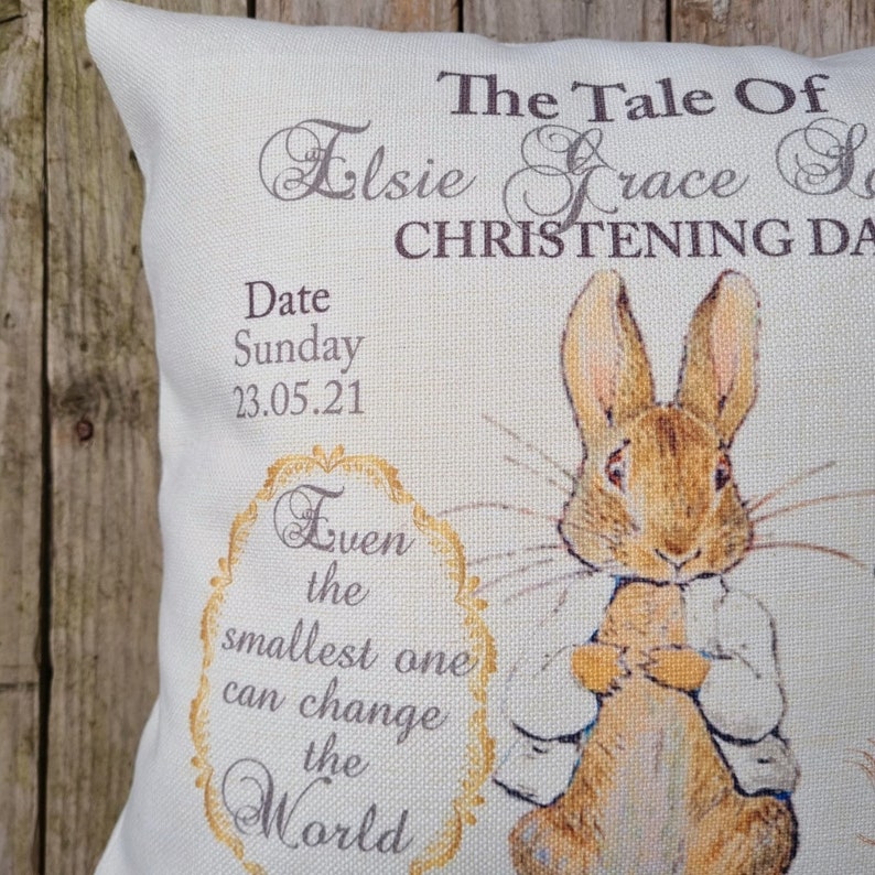 Personalised Peter Rabbit Christening Day, Baptism Day, Blessing Day Baby Cushion. Christening/ Nursery accessory/Home Decor zdjęcie 2