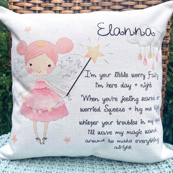 Personalised Worry Fairy/Dream (linen style) hug cushion.  Children or baby gift, worry cushion, daughter gift, kids bedroom cushion