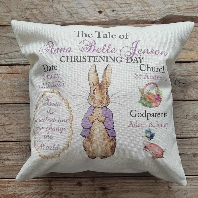 Peter/Flospy Rabbit personalised Christening keepsake Cushion, Customisable for Baptism/Blessing Day. gift for Godchild, Grandson etc. Violet Christening