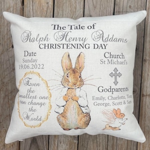 Peter/Flospy Rabbit personalised Christening keepsake Cushion, Customisable for Baptism/Blessing Day. gift for Godchild, Grandson etc. White Christening