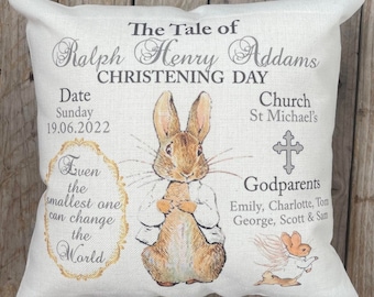 Peter/Flospy Rabbit personalised Christening keepsake Cushion,  Customisable for Baptism/Blessing Day. gift for Godchild, Grandson etc.