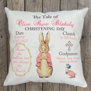 Personalised Peter Rabbit Christening Day, Baptism Day, Blessing Day Baby Cushion. Christening/ Nursery accessory/Home Decor image 1