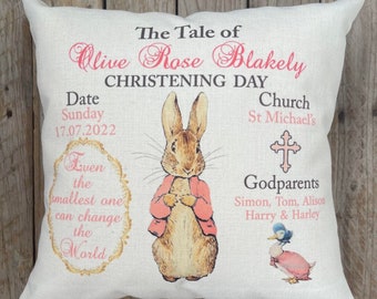 Personalised Peter Rabbit  Christening Day, Baptism Day, Blessing Day Baby Cushion. Christening/ Nursery accessory/Home Decor