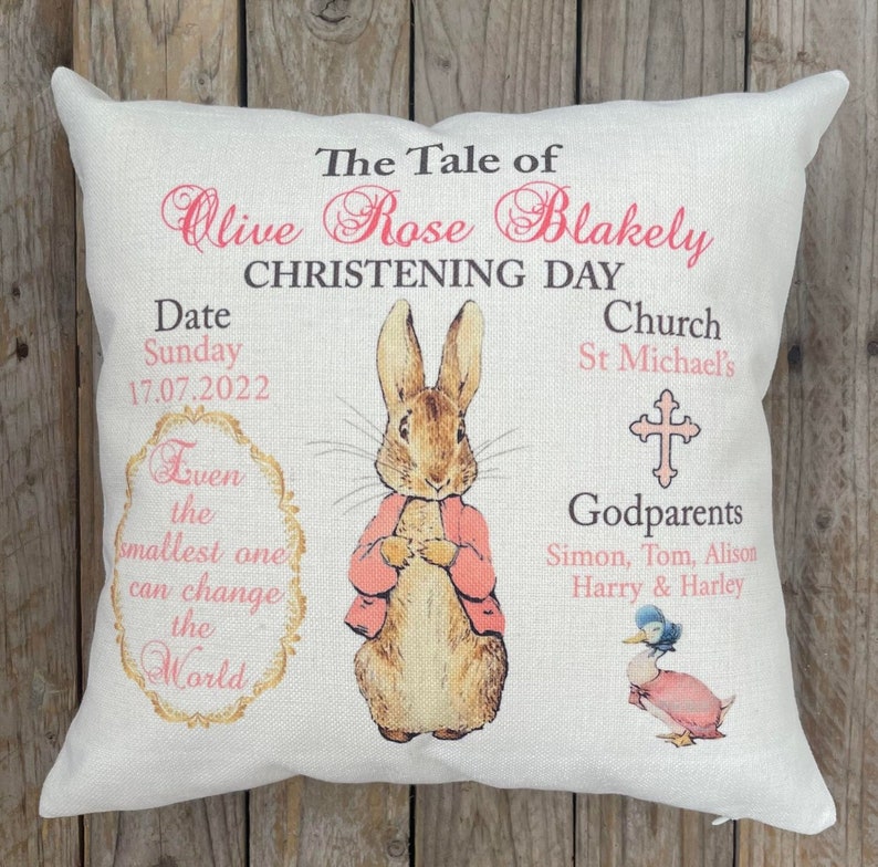 Personalised Peter Rabbit Christening Day, Baptism Day, Blessing Day Baby Cushion. Christening/ Nursery accessory/Home Decor 画像 1